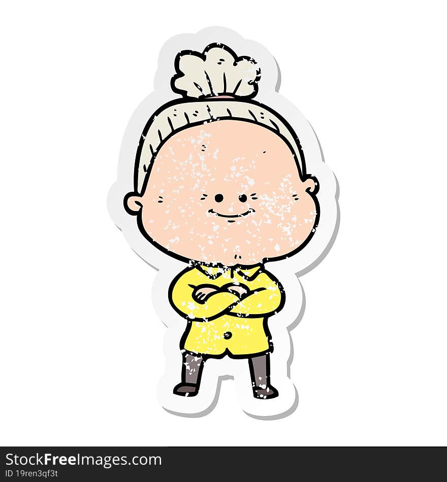 distressed sticker of a cartoon happy old woman