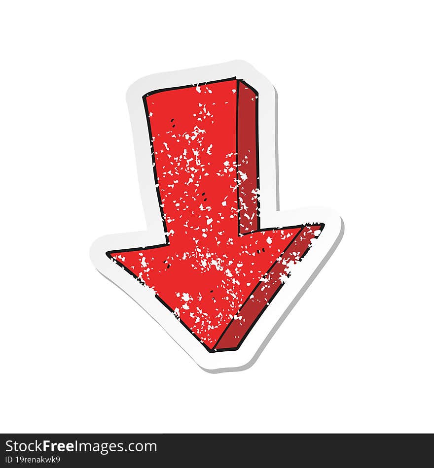 retro distressed sticker of a cartoon arrow pointing down