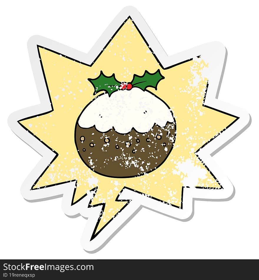 cartoon christmas pudding with speech bubble distressed distressed old sticker. cartoon christmas pudding with speech bubble distressed distressed old sticker