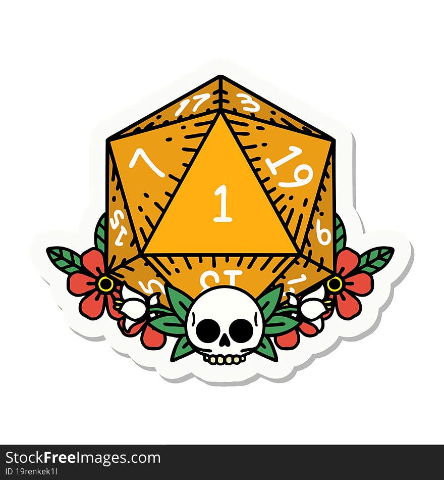 natural one dice roll with floral elements sticker