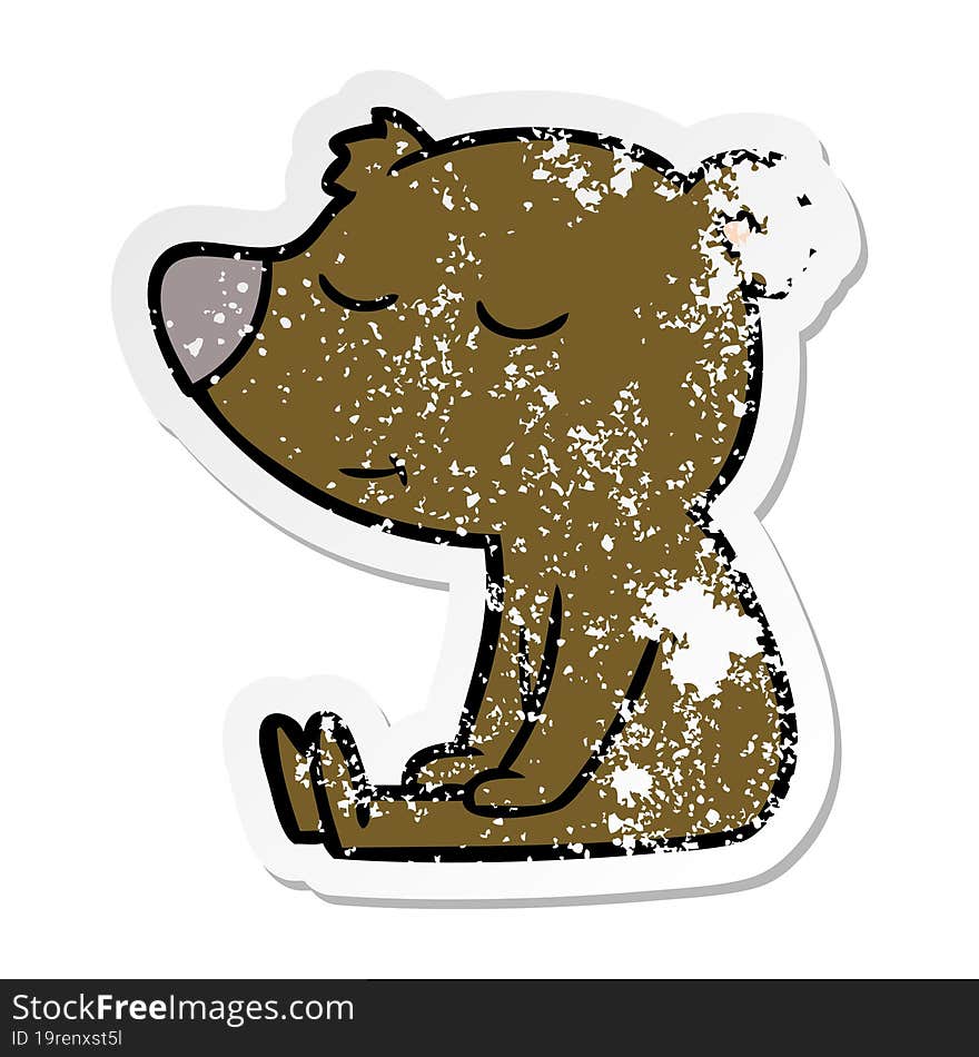 distressed sticker of a happy cartoon bear sitting