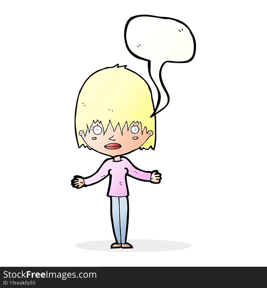 cartoon woman shrugging shoulders with speech bubble