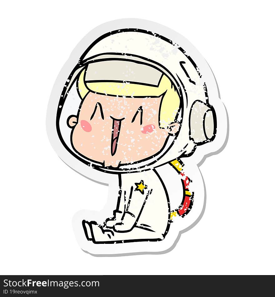 distressed sticker of a happy cartoon astronaut sitting