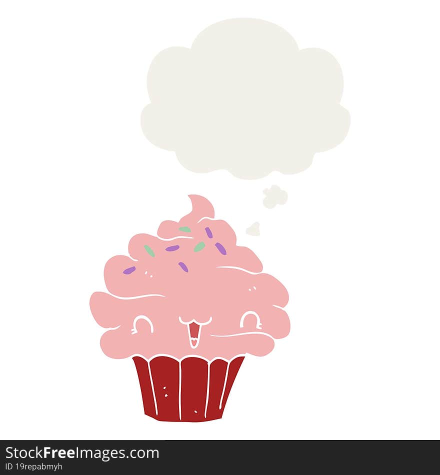 cute cartoon frosted cupcake with thought bubble in retro style