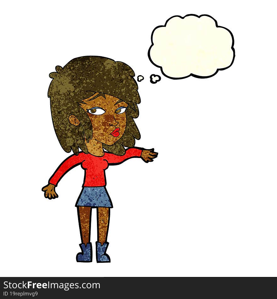 cartoon woman playing it cool with thought bubble