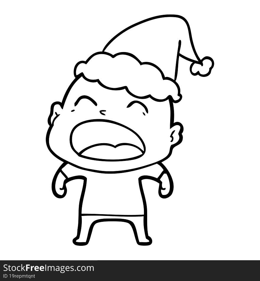 Line Drawing Of A Shouting Bald Man Wearing Santa Hat