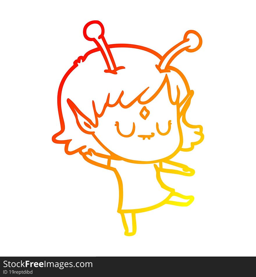 warm gradient line drawing of a cartoon alien girl