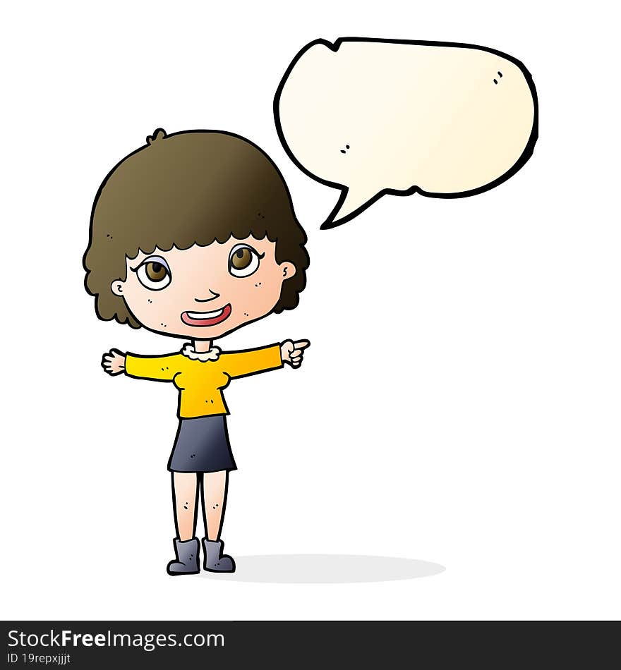 cartoon happy woman pointing with speech bubble