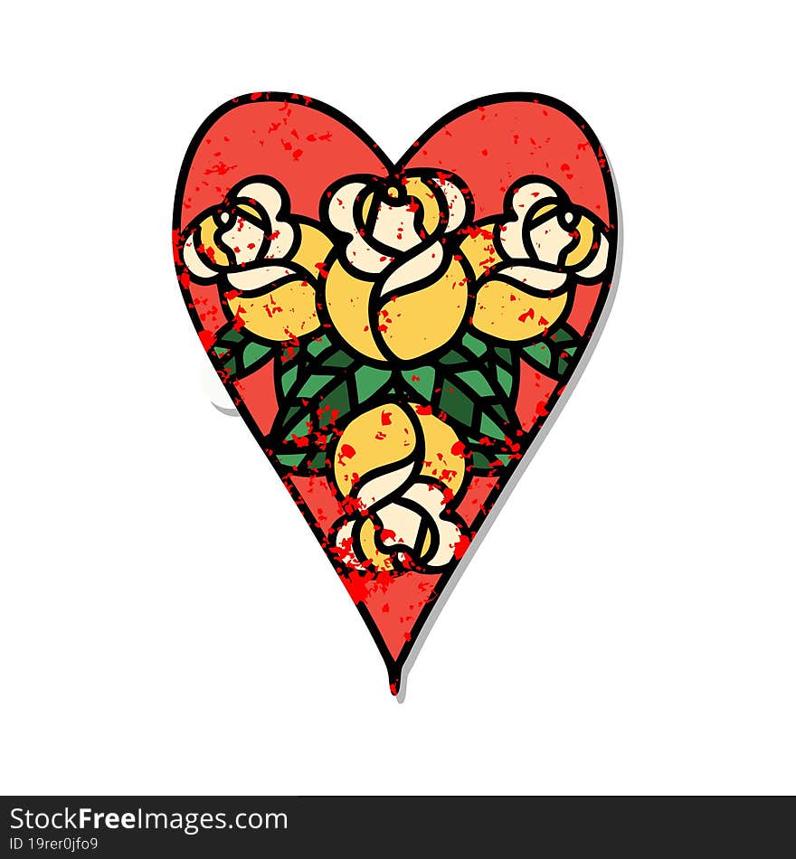 traditional distressed sticker tattoo of a heart and flowers