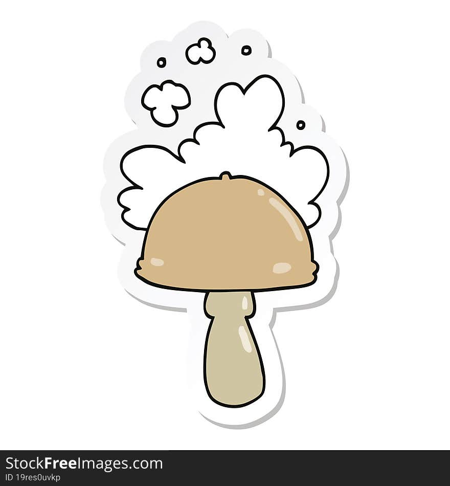 sticker of a cartoon mushroom with spore cloud