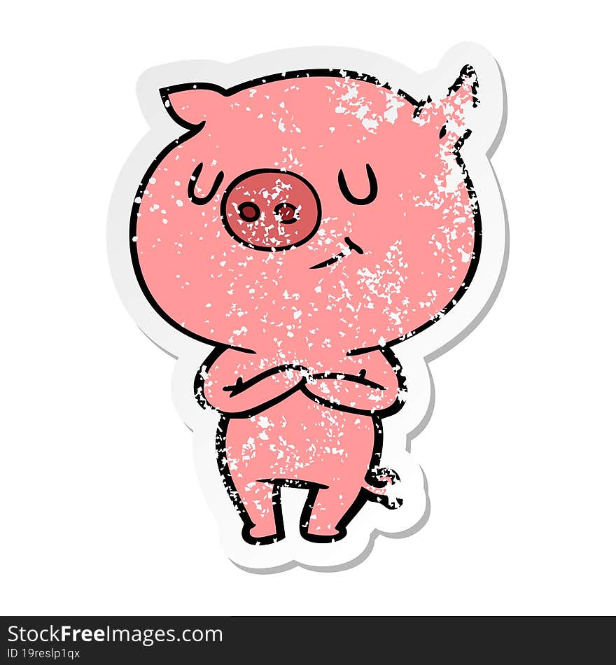 distressed sticker of a happy cartoon pig