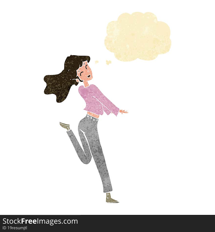 cartoon happy girl kicking out leg with thought bubble