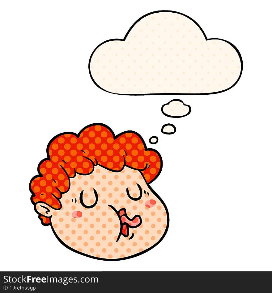 cartoon male face with thought bubble in comic book style