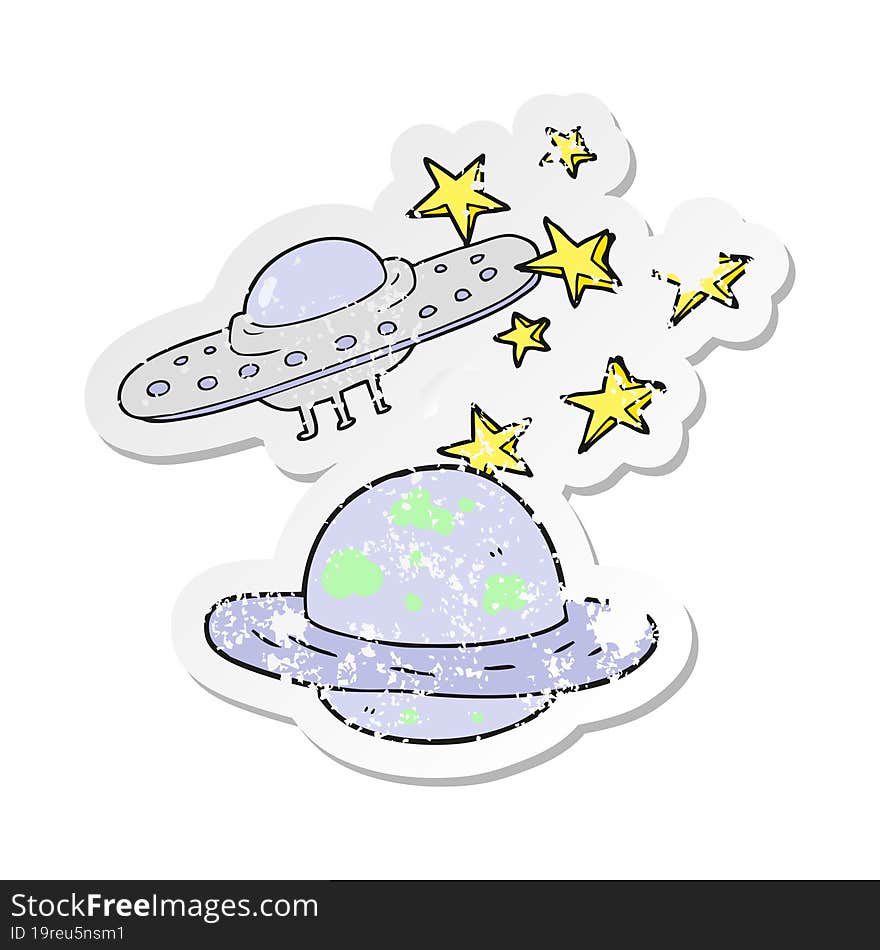 retro distressed sticker of a cartoon flying saucer and planet