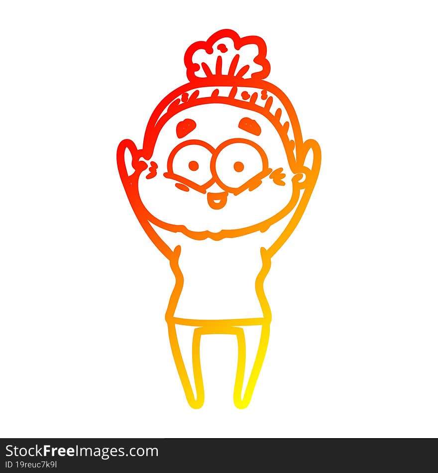 warm gradient line drawing of a cartoon happy old woman