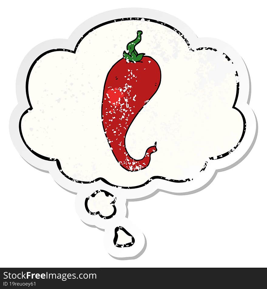 cartoon chili pepper and thought bubble as a distressed worn sticker