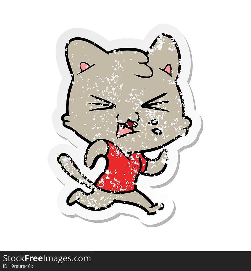 distressed sticker of a cartoon hissing cat