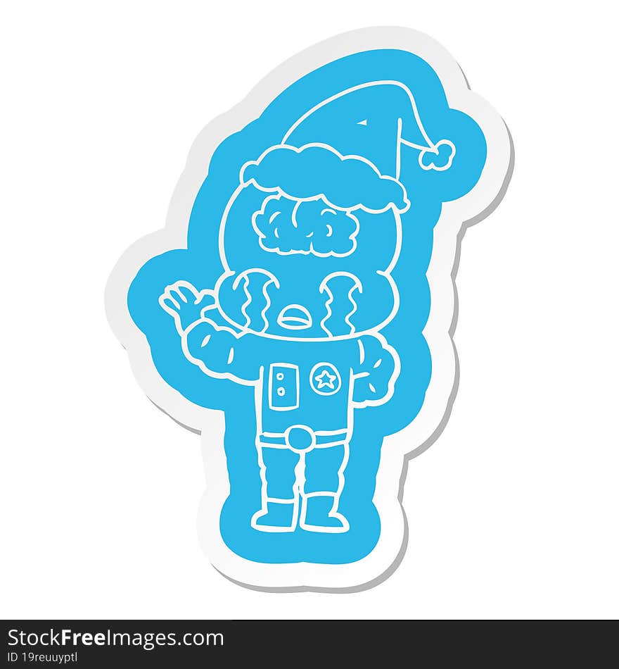 cartoon  sticker of a big brain alien crying wearing santa hat