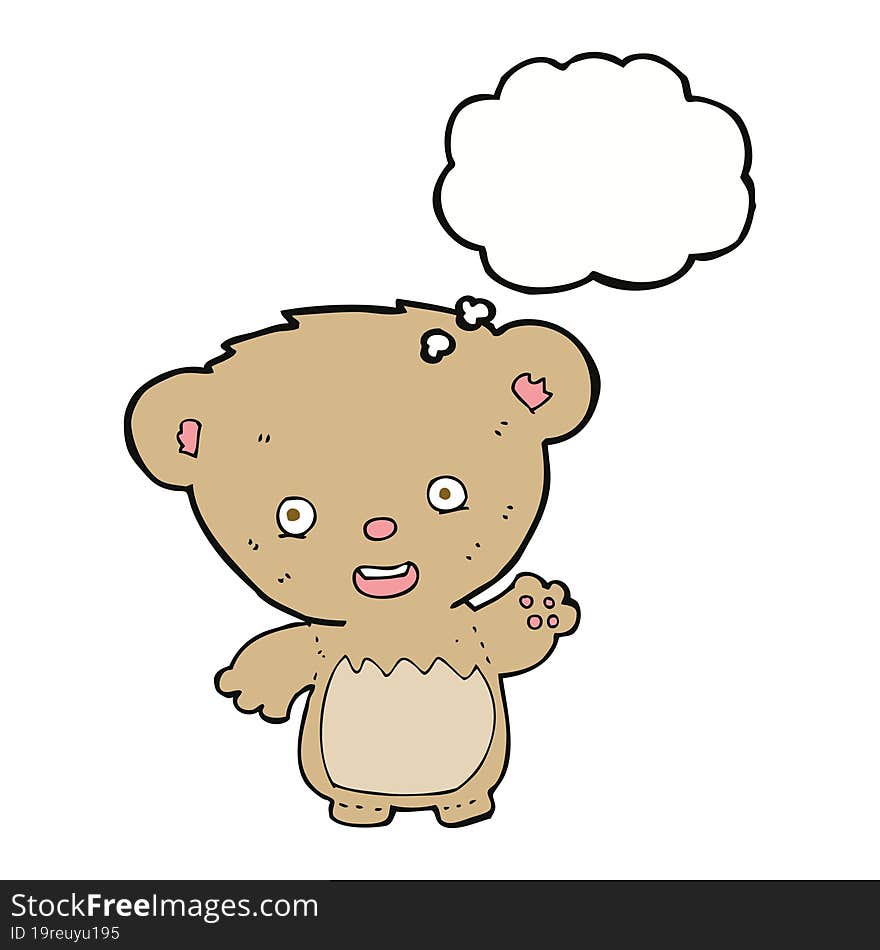 cartoon teddy bear waving with thought bubble