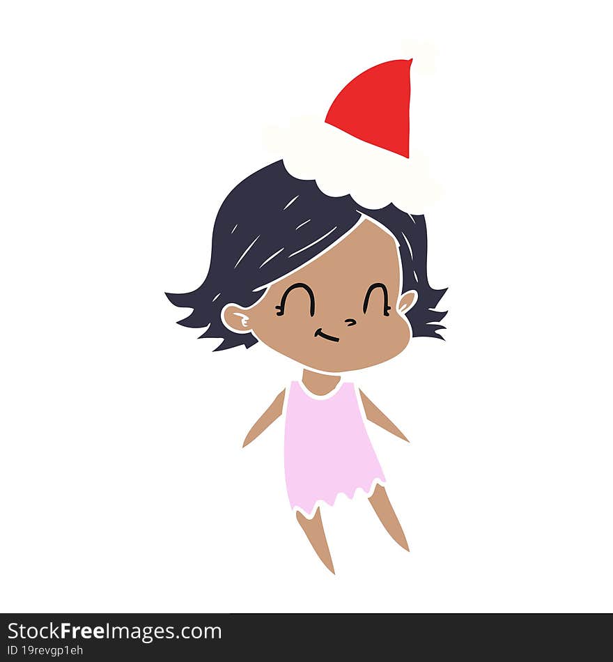 flat color illustration of a friendly girl wearing santa hat