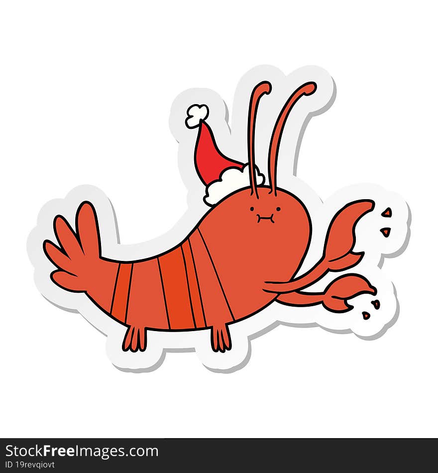 Sticker Cartoon Of A Lobster Wearing Santa Hat