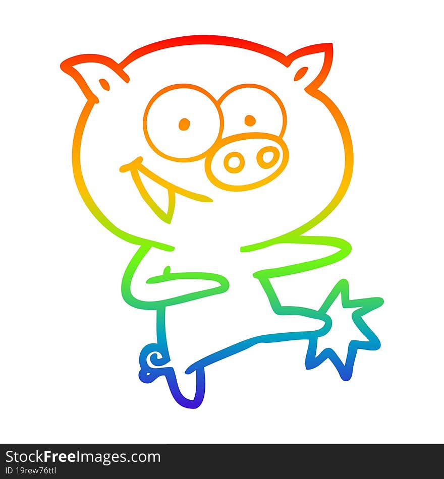 rainbow gradient line drawing of a cheerful dancing pig cartoon