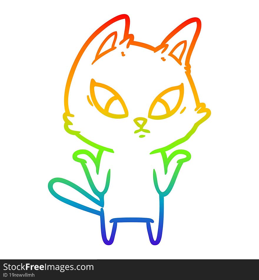 rainbow gradient line drawing of a confused cartoon cat shrugging shoulders