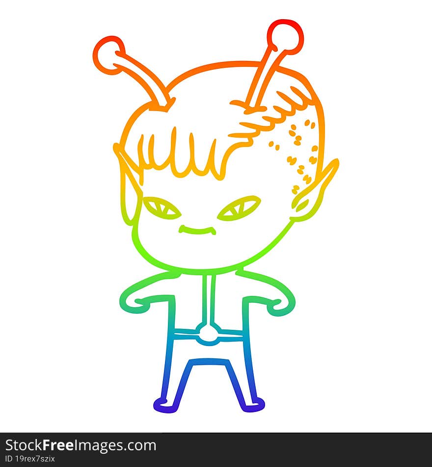 rainbow gradient line drawing of a cute cartoon alien girl