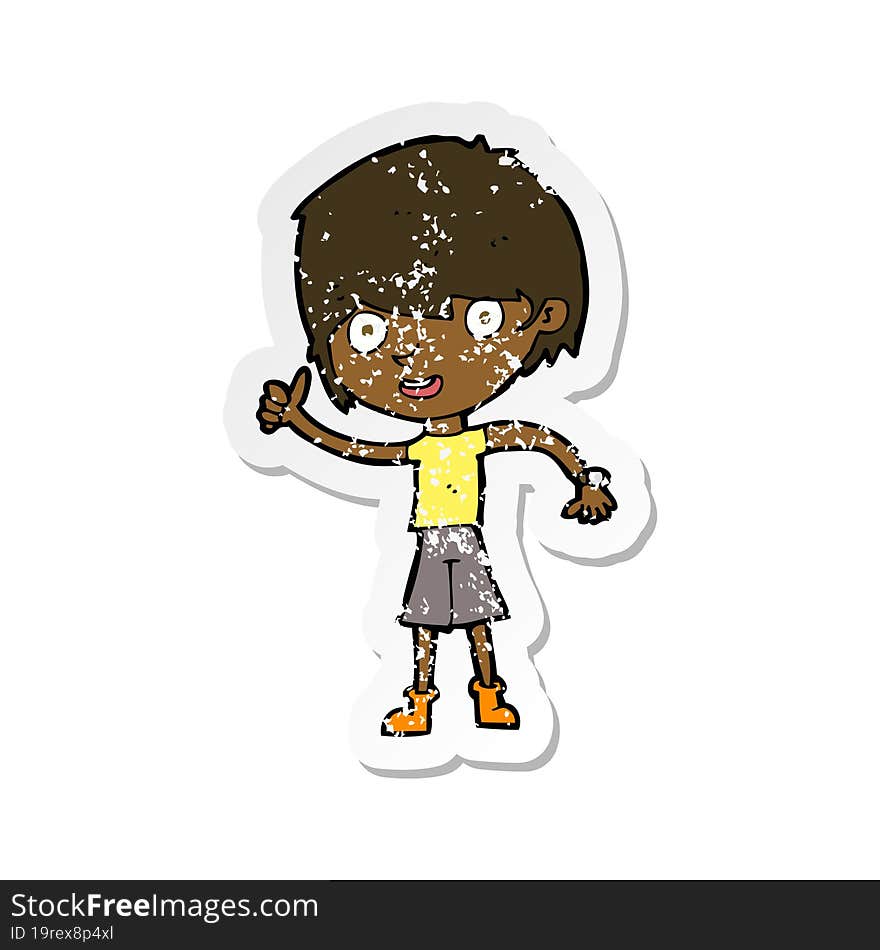 retro distressed sticker of a cartoon boy with positive attitude