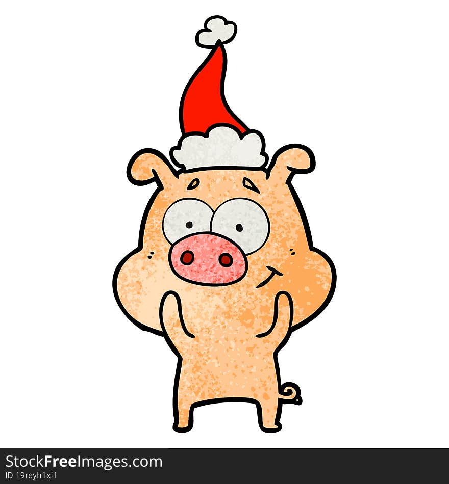 happy textured cartoon of a pig wearing santa hat