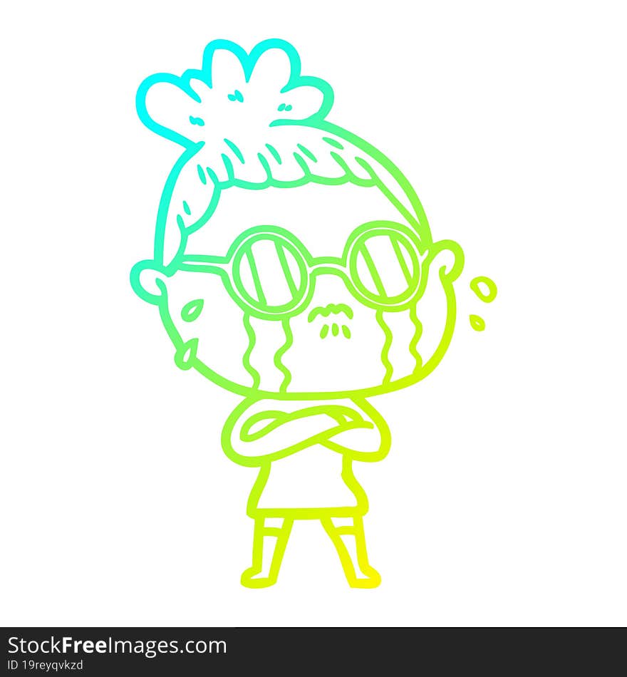 cold gradient line drawing cartoon crying woman wearing spectacles