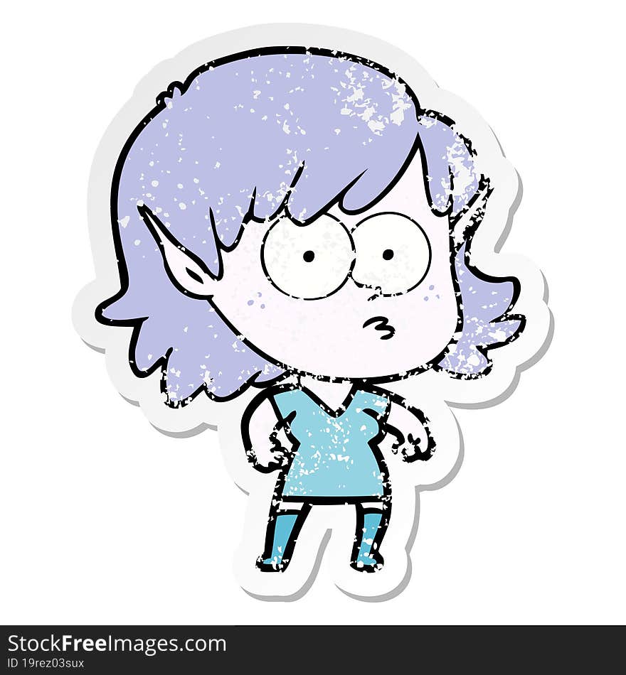 distressed sticker of a cartoon elf girl staring