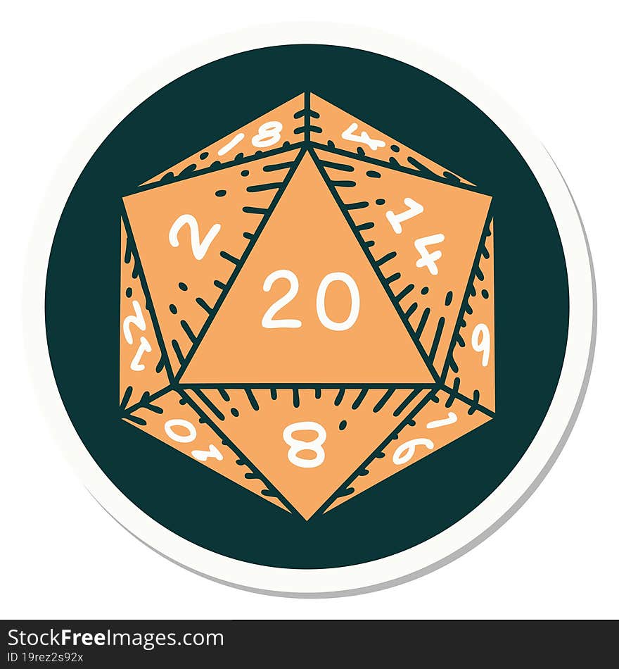 sticker of tattoo in traditional style of a d20 dice. sticker of tattoo in traditional style of a d20 dice