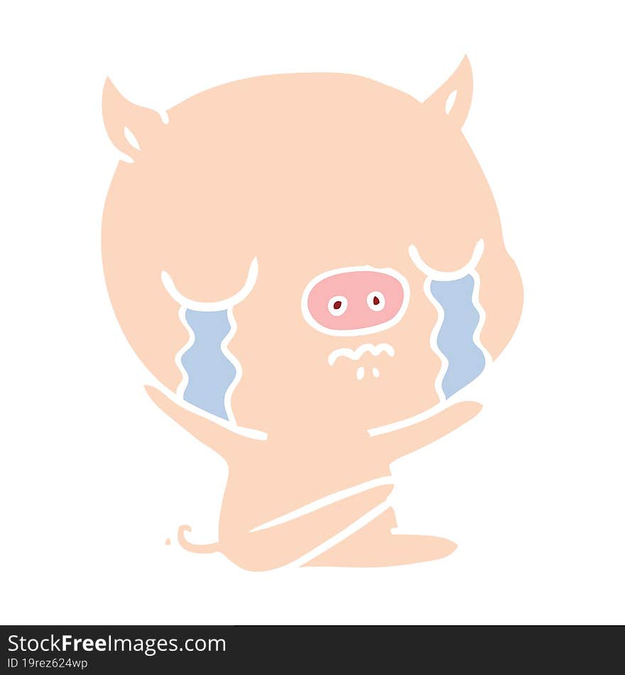 flat color style cartoon sitting pig crying