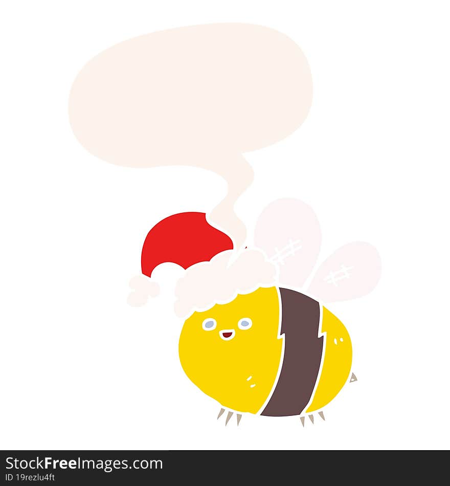 cute cartoon bee wearing christmas hat with speech bubble in retro style