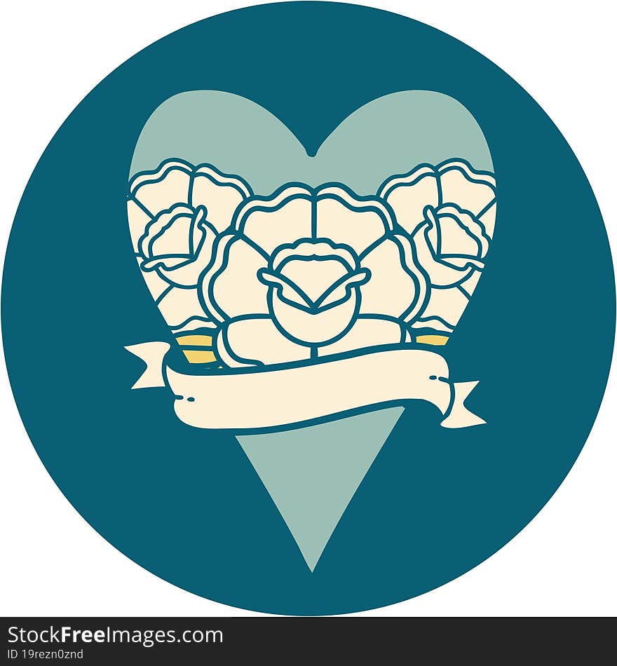 iconic tattoo style image of a heart and banner with flowers. iconic tattoo style image of a heart and banner with flowers