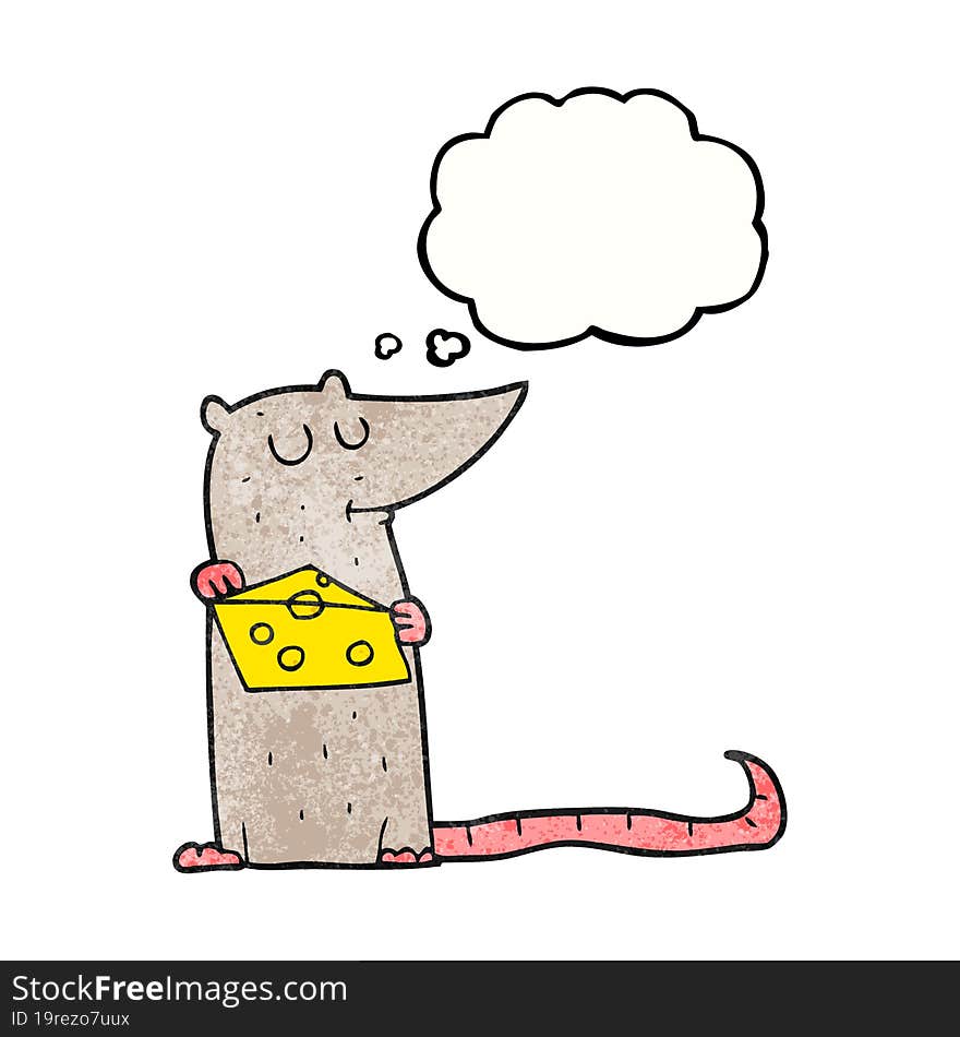 freehand drawn thought bubble textured cartoon mouse with cheese