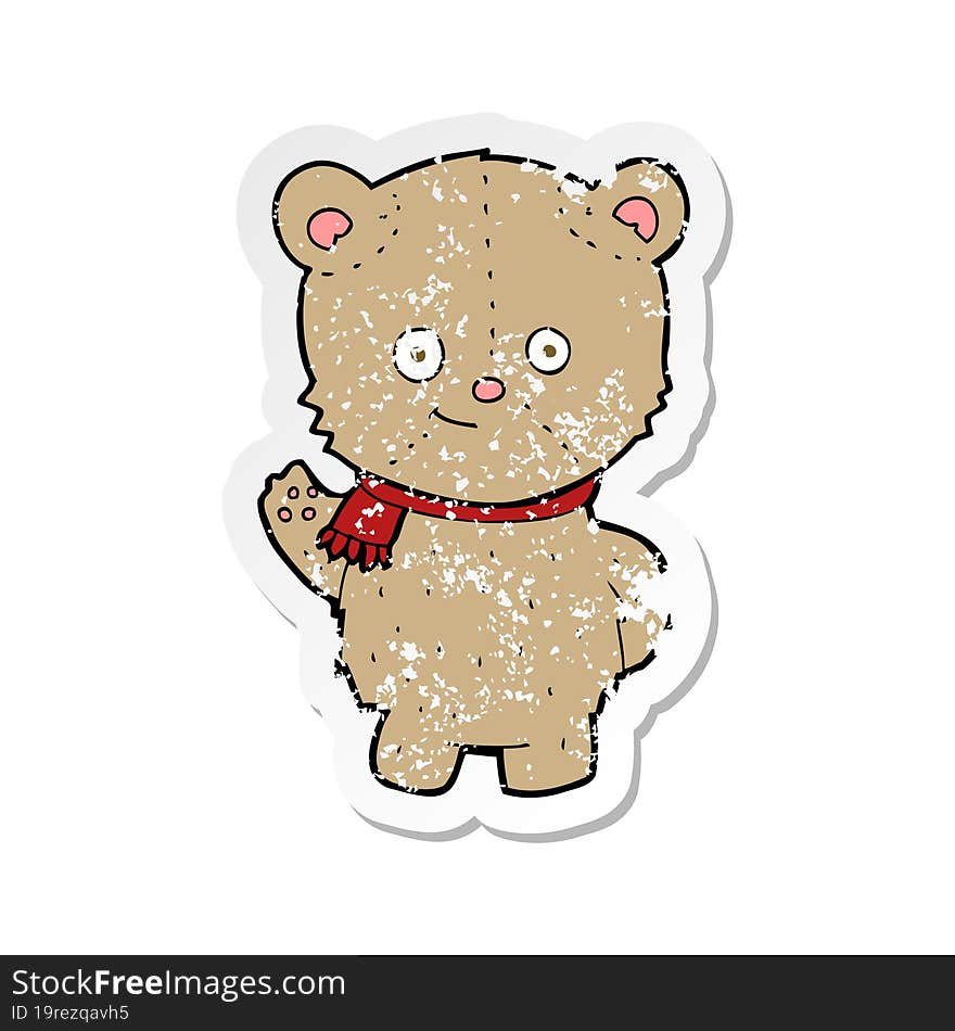 retro distressed sticker of a cartoon bear waving