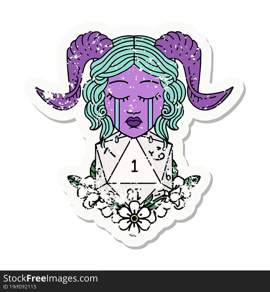 grunge sticker of a crying tiefling with natural one D20 dice roll. grunge sticker of a crying tiefling with natural one D20 dice roll