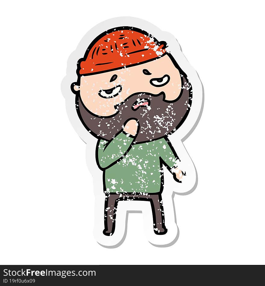 distressed sticker of a cartoon worried man with beard