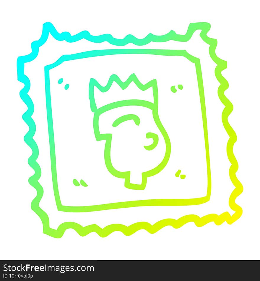 cold gradient line drawing of a cartoon stamp with royal face