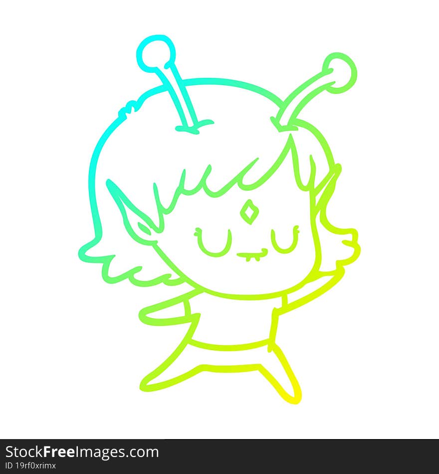 cold gradient line drawing of a cartoon alien girl