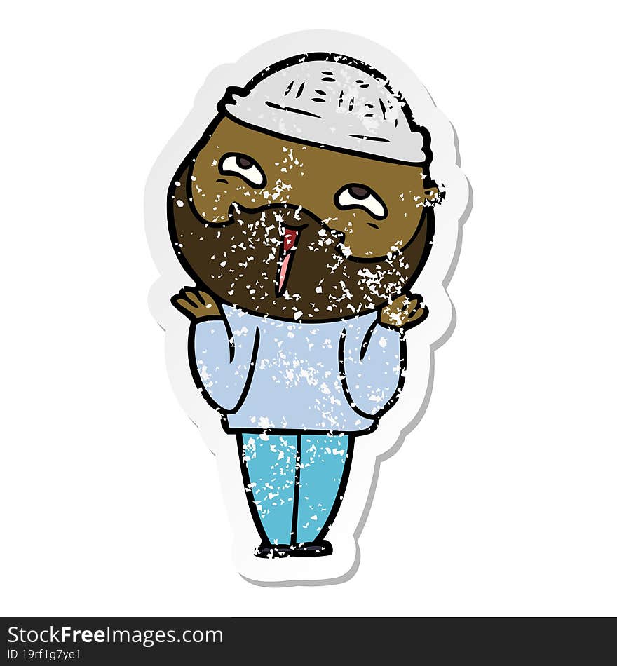 distressed sticker of a cartoon happy bearded man