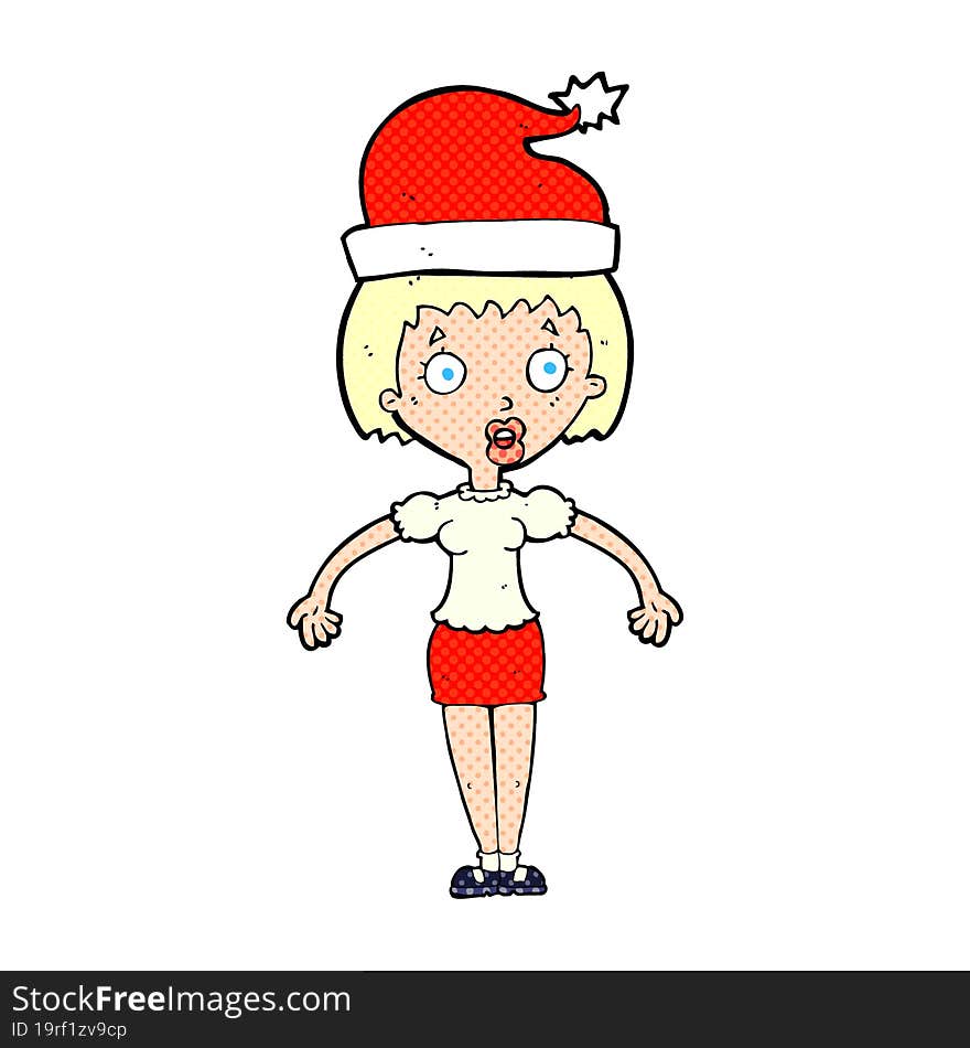 Cartoon Woman Wearing Christmas Hat Shrugging Shoulders