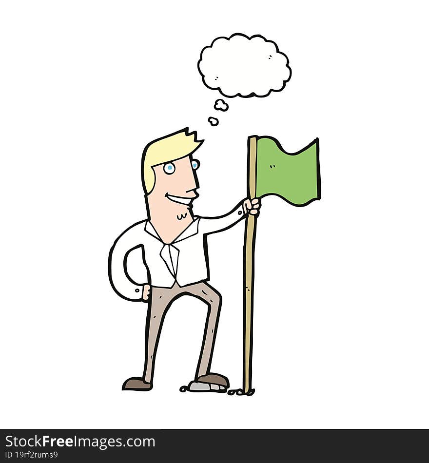 Cartoon Man Planting Flag With Thought Bubble