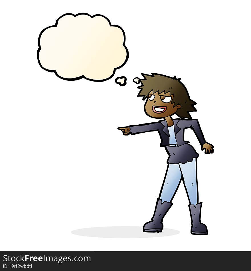 cartoon woman pointing with thought bubble