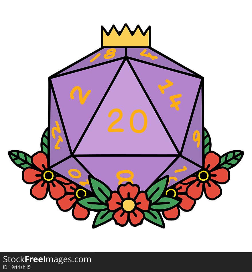 natural 20 D20 dice roll with floral elements illustration