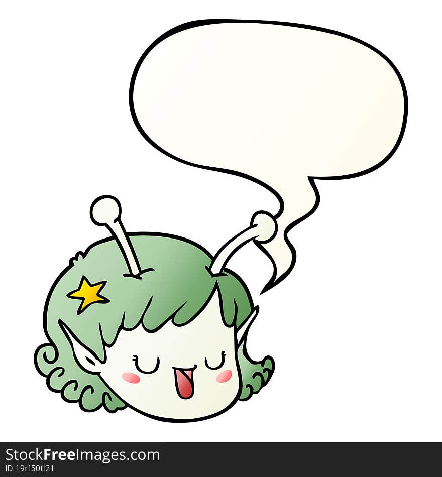 cartoon alien space girl face with speech bubble in smooth gradient style