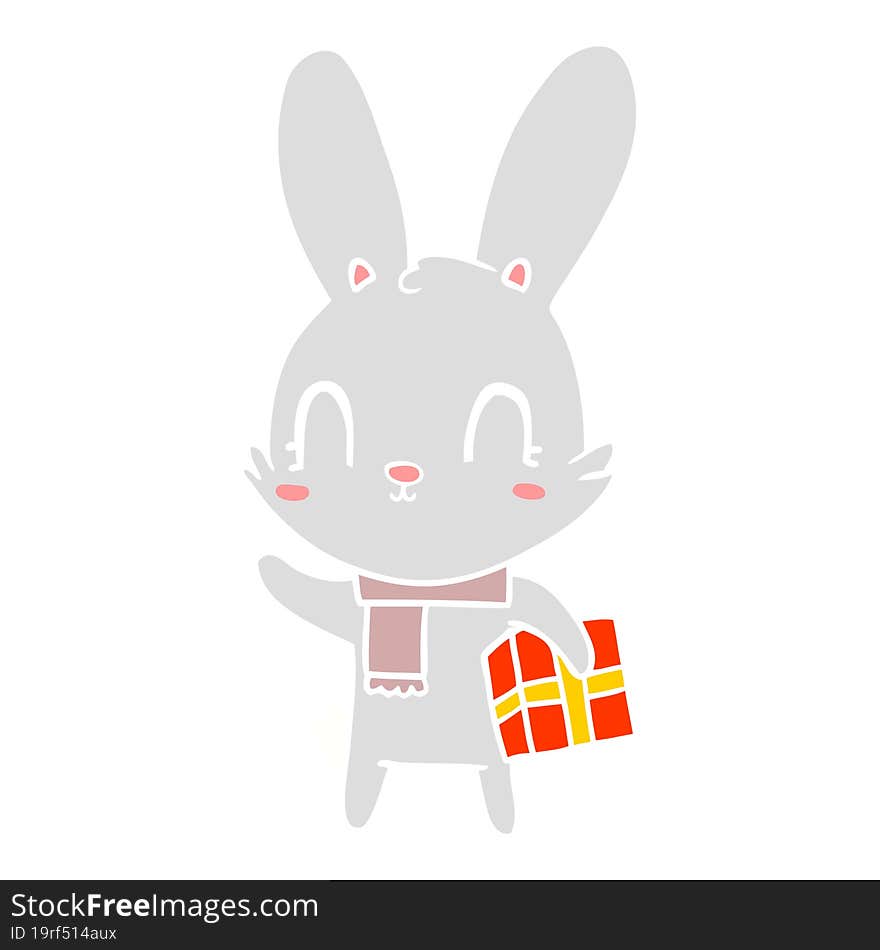 cute flat color style cartoon rabbit with christmas present