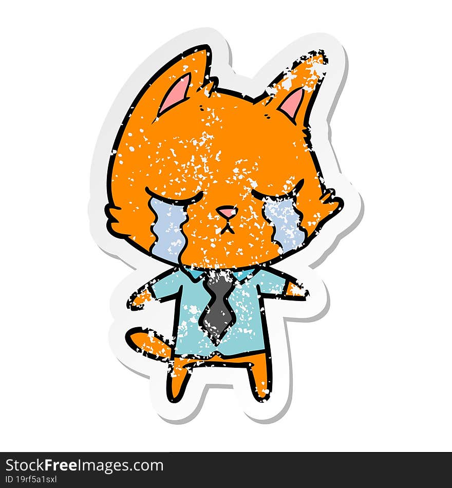 distressed sticker of a crying cartoon office worker cat